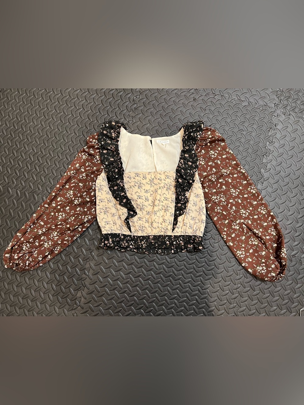 Free the Roses Floral Patchwork Ruffle Peasant Top - Brown/Beige/Black